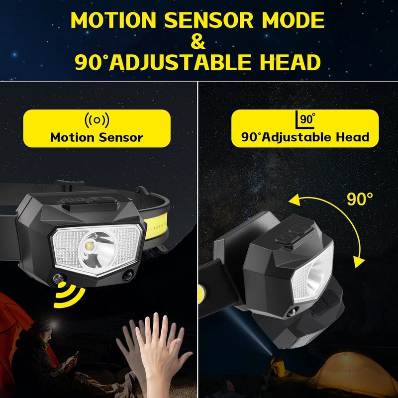 KYEKIO مصباح رأس قابل لإعادة الشحن 3 حزمة، شعاع عريض 230° COB و LED فائق السطوع 60° مع ضوء أبيض وأحمر، 7 أوضاع لمصابيح الرأس مع مستشعر حركة، مصابيح رأس للبالغين للتخييم والجري والمشي في الطبيعة - Image 5
